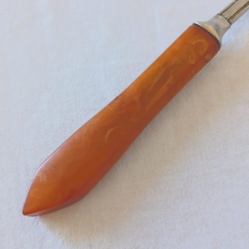 Vintage Bakelite Butter Knife Silver Plated with Butterscotch Swirl Handle